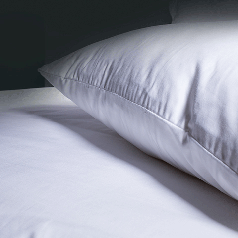 White pillow on top of a white fitted sheet